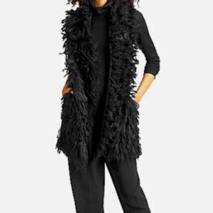 Eileen Fisher Black Mohair Chunky Fringe Long Cardigan Sweater Vest Boho sz S